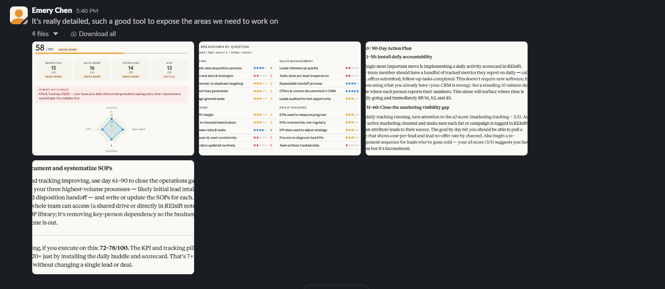 Emery Chan sharing a company audit breakdown inside the Deal Room Slack