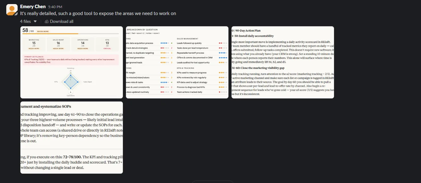 Emery Chan sharing a company audit breakdown inside the Deal Room Slack