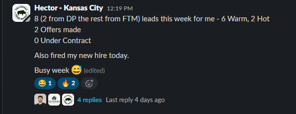 Hector in Kansas City posting his weekly pipeline recap inside the Deal Room Slack