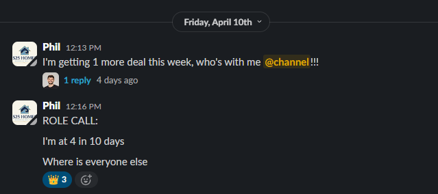 Phil calling a role call inside the Deal Room Slack after 4 deals in 10 days