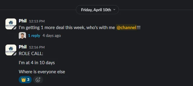 Phil calling a role call inside the Deal Room Slack after 4 deals in 10 days