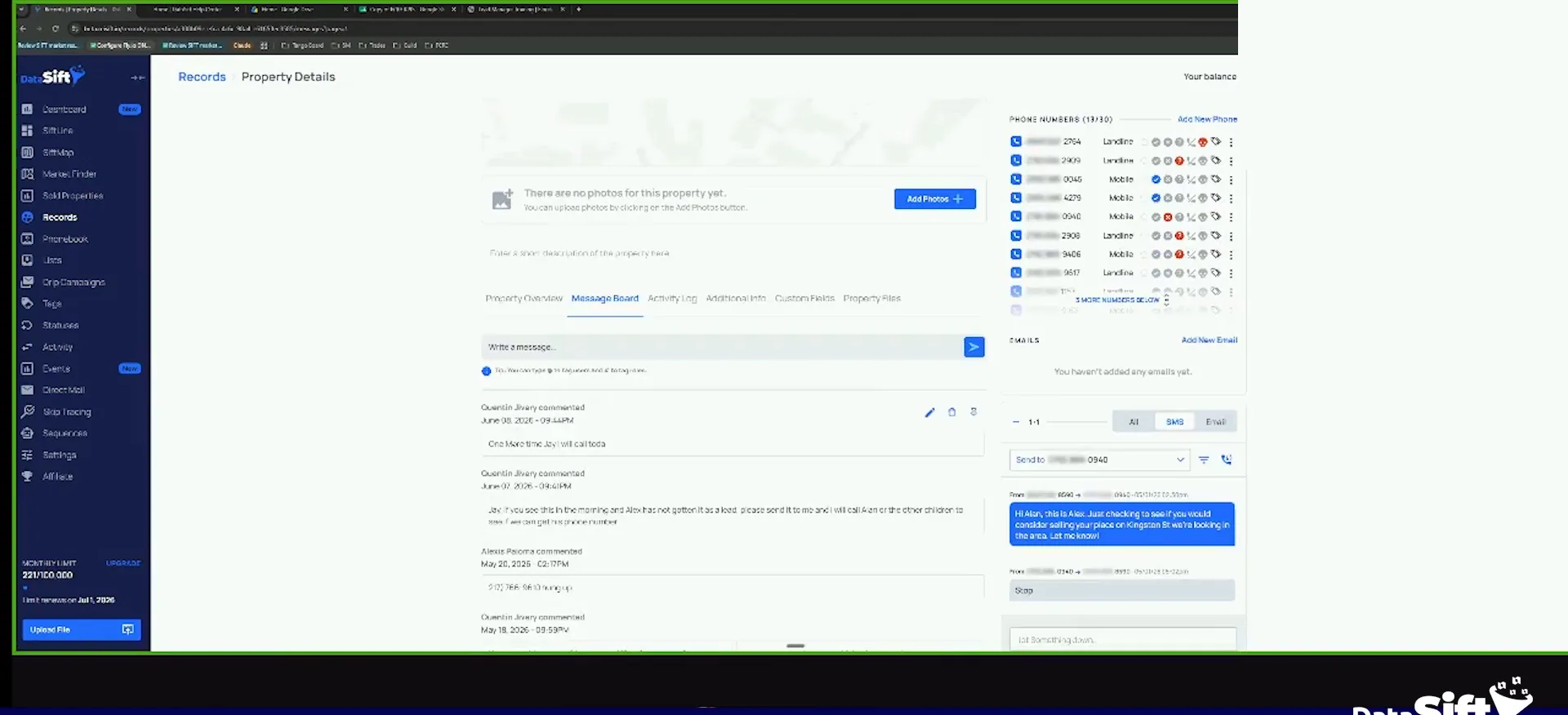 Property details screen with the message board, phone numbers, email panel and activity entries