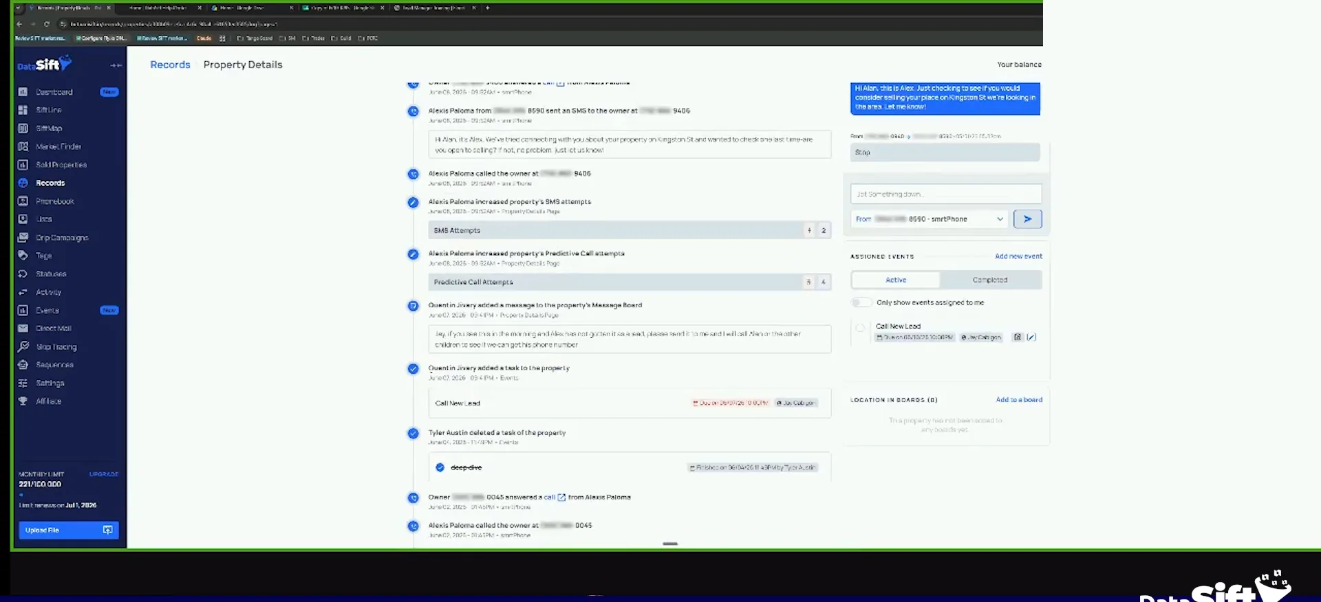 Records property details screen with activity timeline, assigned events panel and balance figures