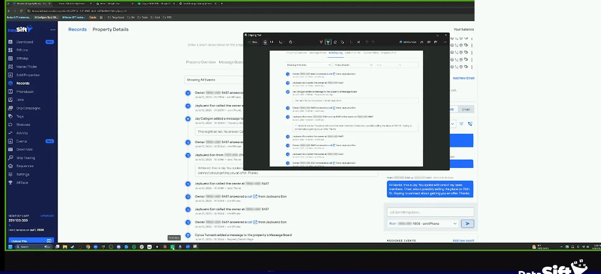 Property details screen with activity timeline, contact messages and a centered screenshot tool window