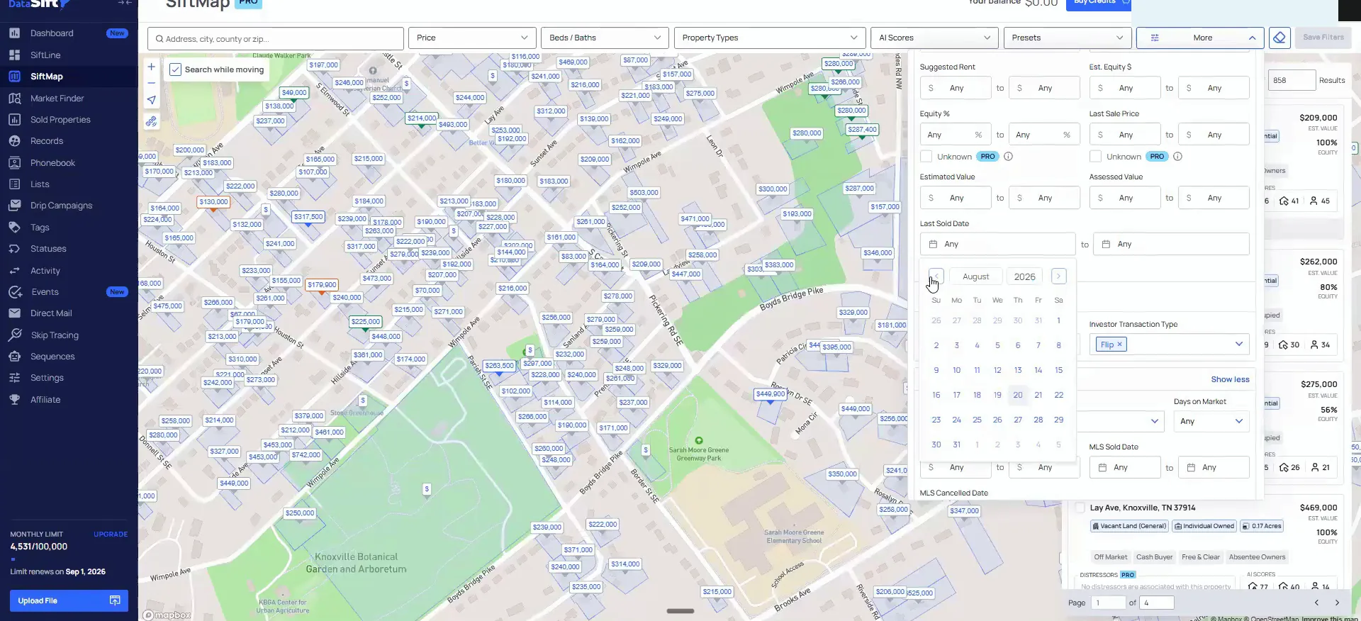 The SiftMap screen with price labels across the map and the date filter open