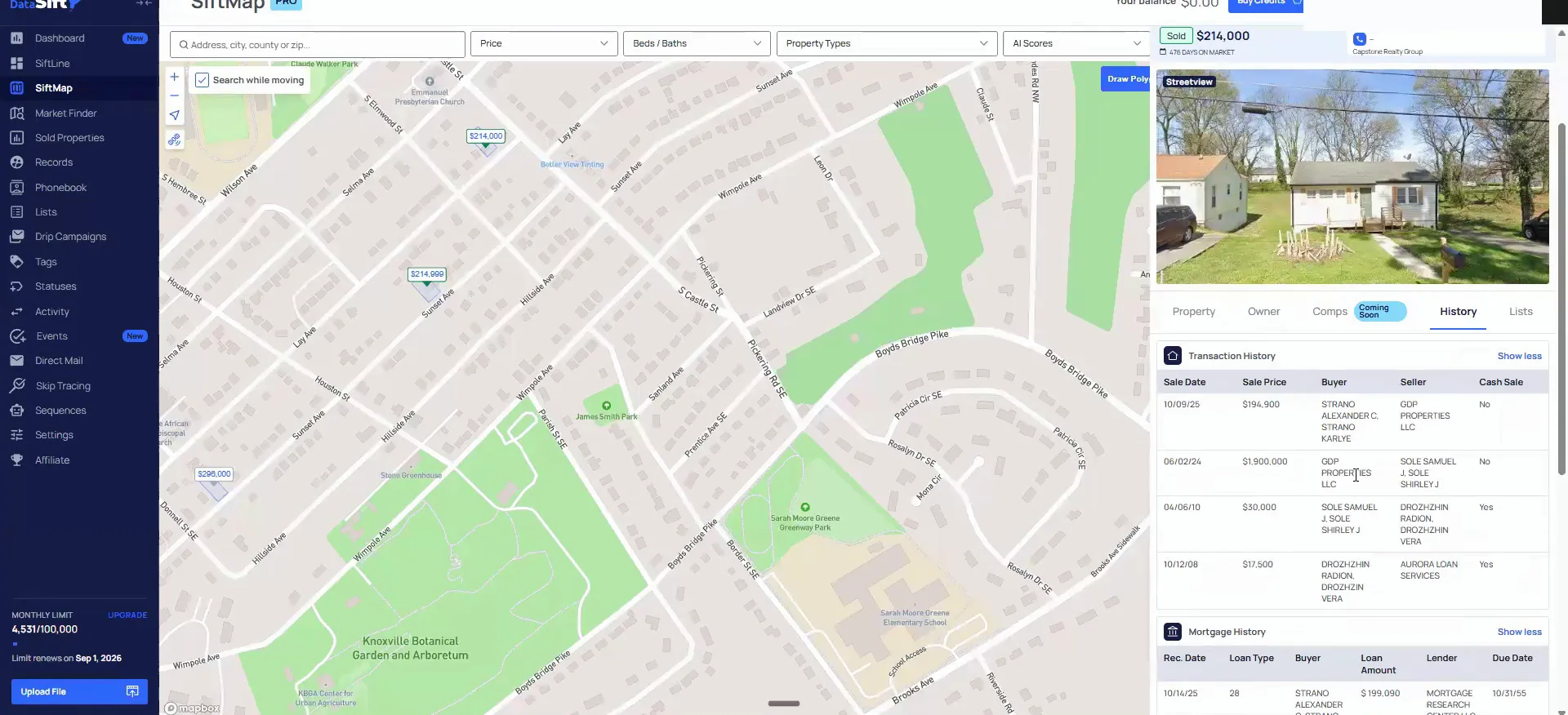 SiftMap neighborhood map with price markers, street view, and transaction history figures showing