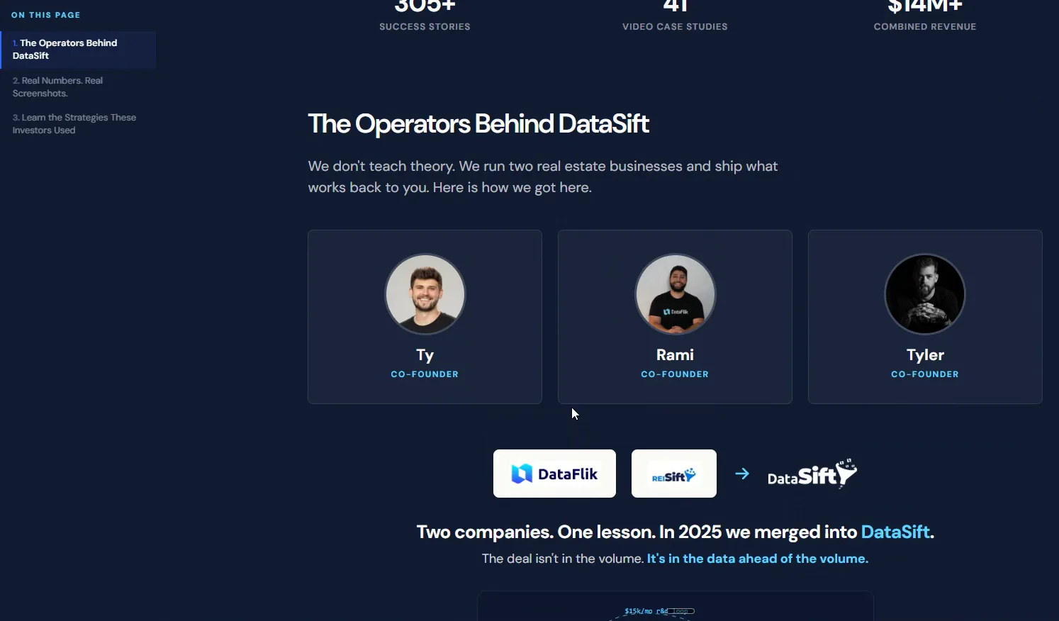 The three founder cards above the DataFlik and REISift merge graphic