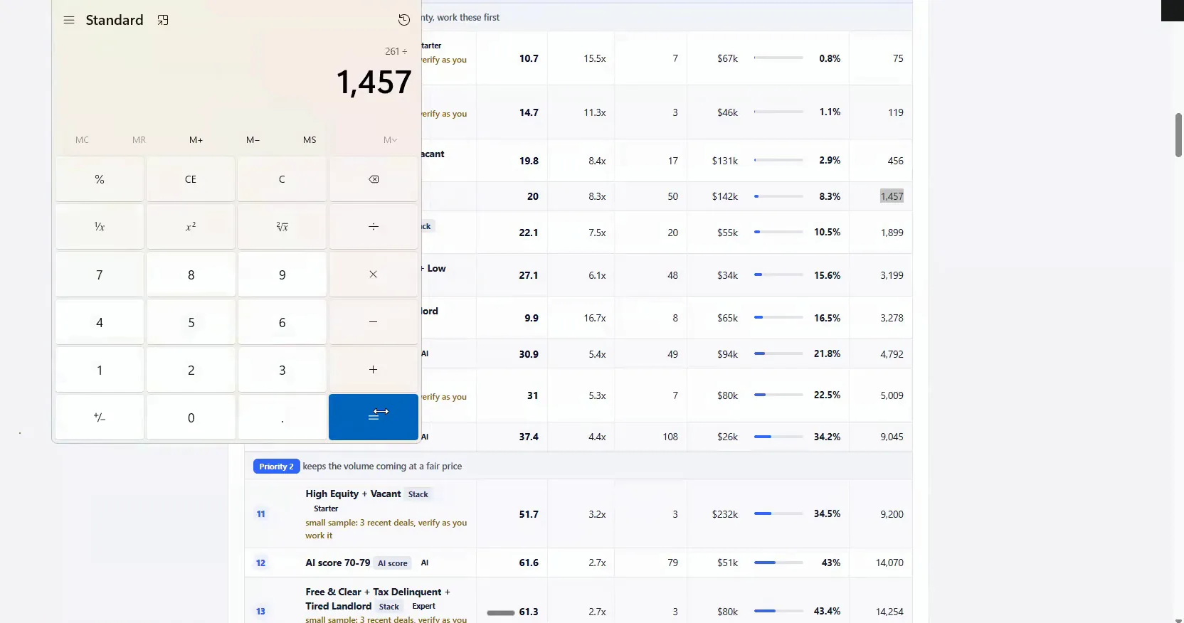 A calculator sits over a DataSift table of ranked segments and percentages