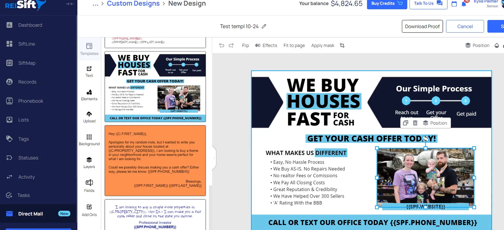 The custom designs editor with flyer text, an uploaded photo and variable placeholder fields.