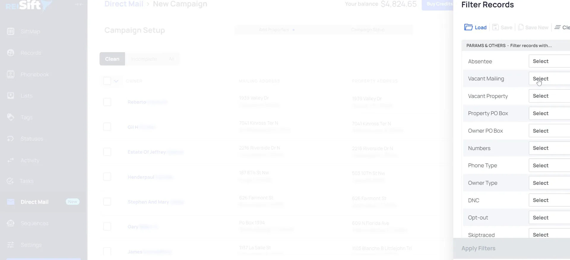 Direct mail campaign setup with a property table and the filter records panel open.