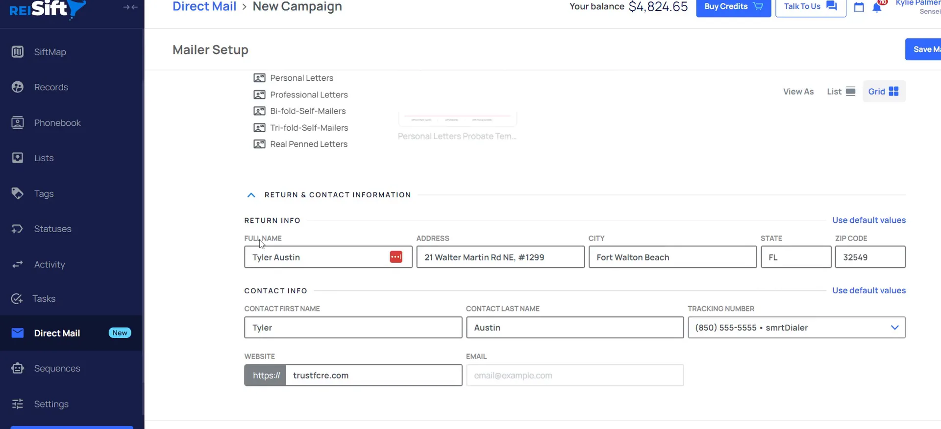 New campaign screen with mailer setup, return address, contact fields and website information.