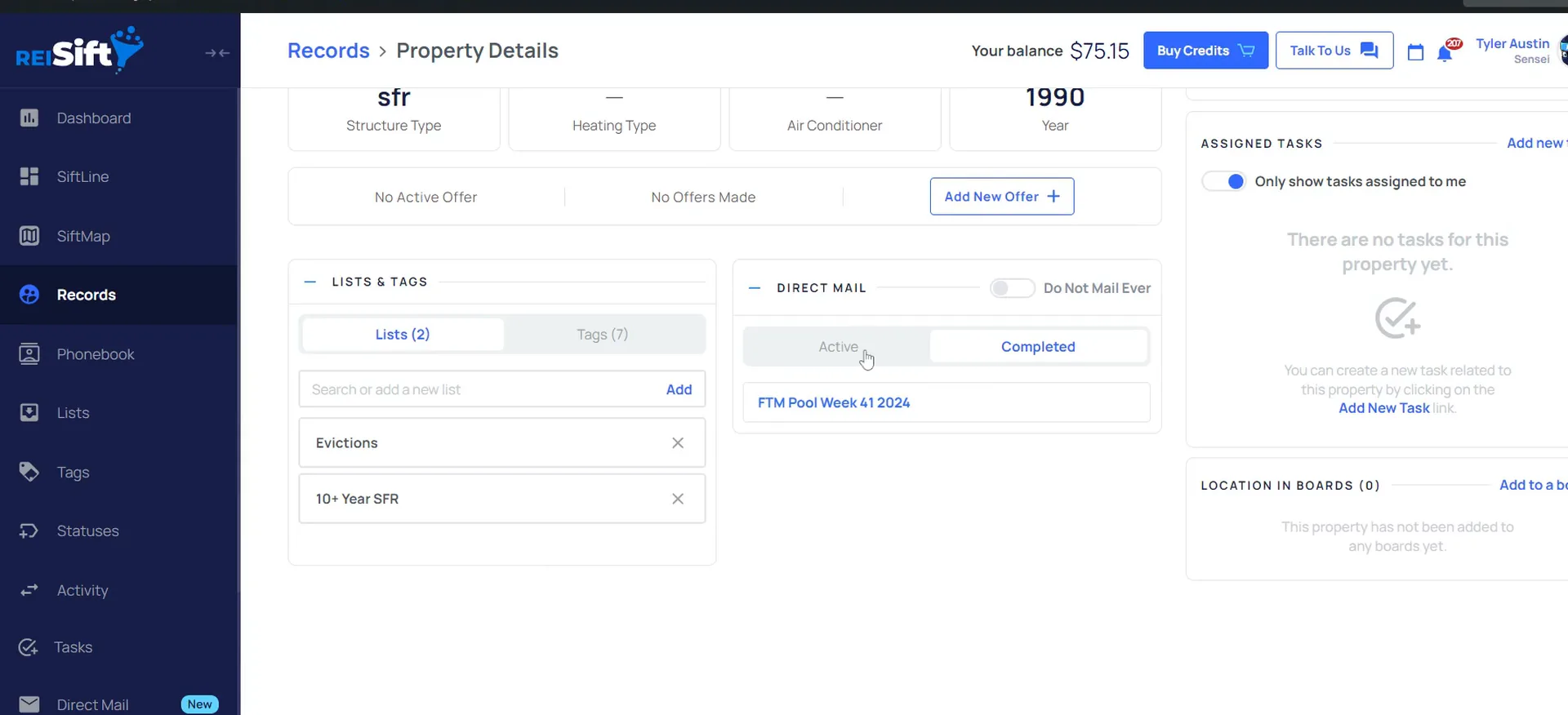 A property record showing lists, a completed direct mail campaign and assigned tasks.