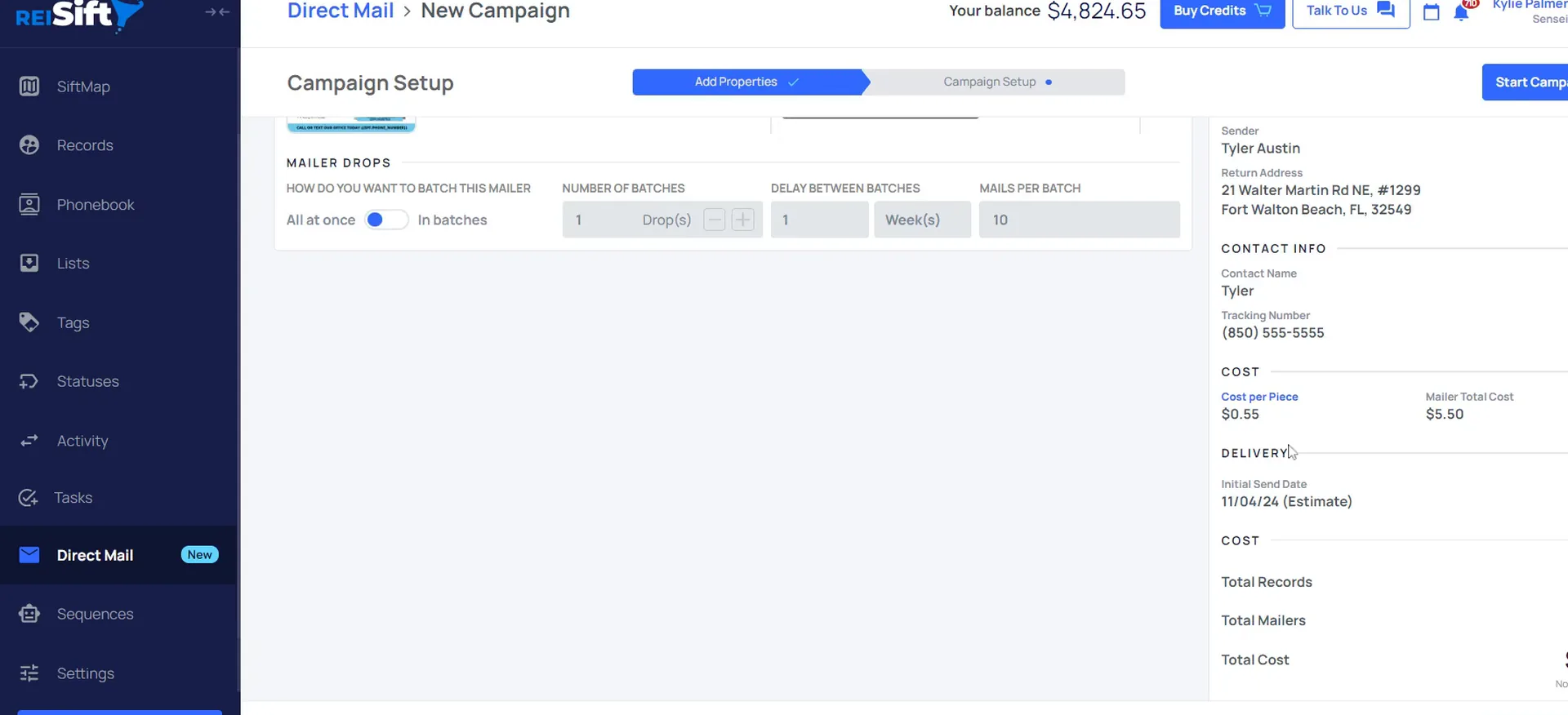 New campaign setup showing mailer drop settings, sender, contact, cost and delivery details.