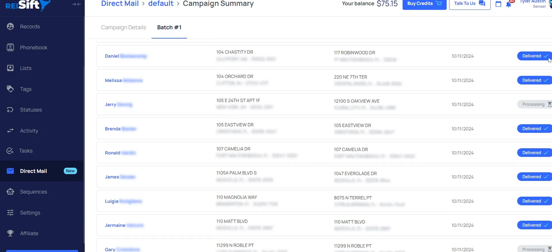 Campaign summary listing batch one records, addresses, dates and delivered or processing statuses.