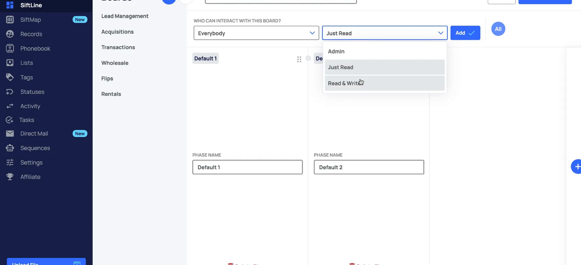 Board setup screen with permission dropdown open on Admin, Just Read, Read and Write