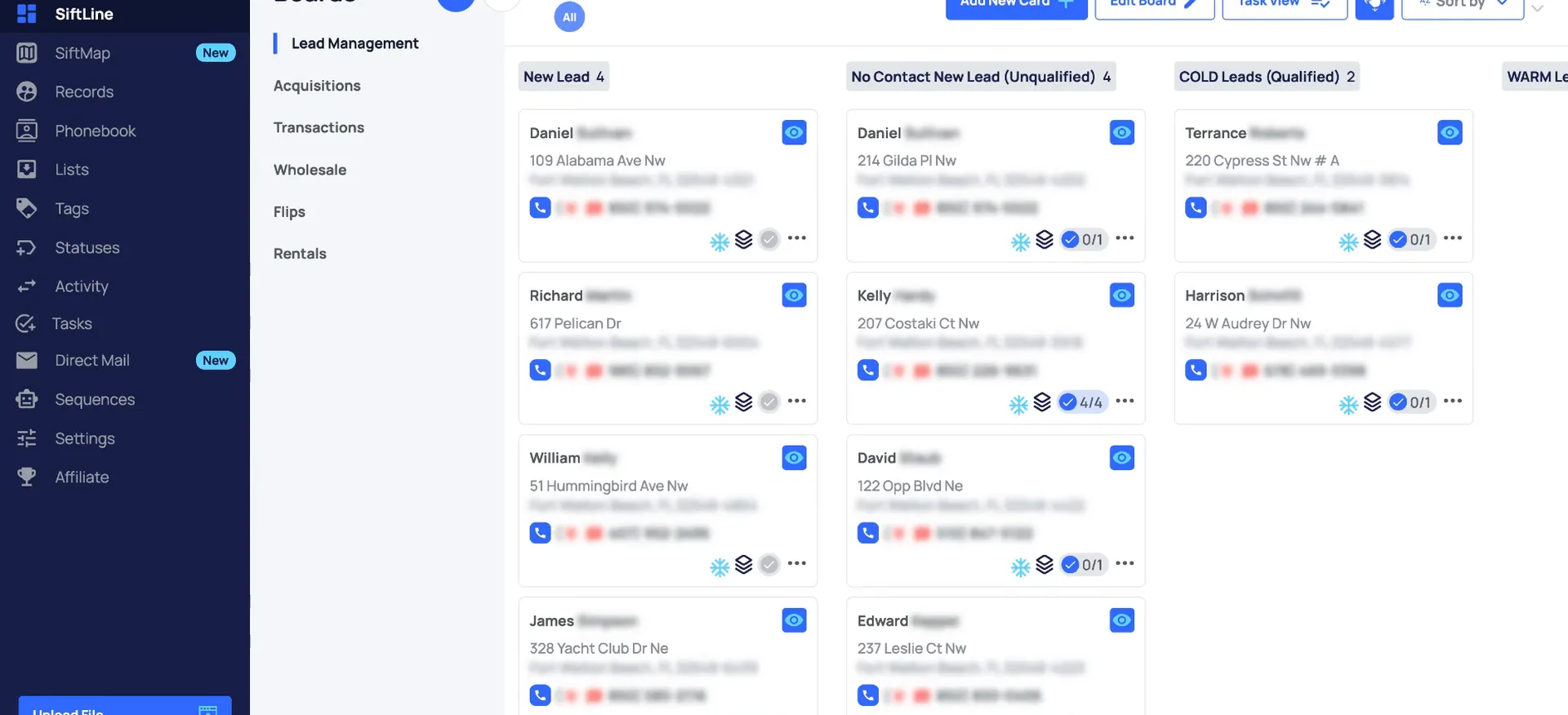 SiftLine sidebar with board names and a Kanban board of lead cards
