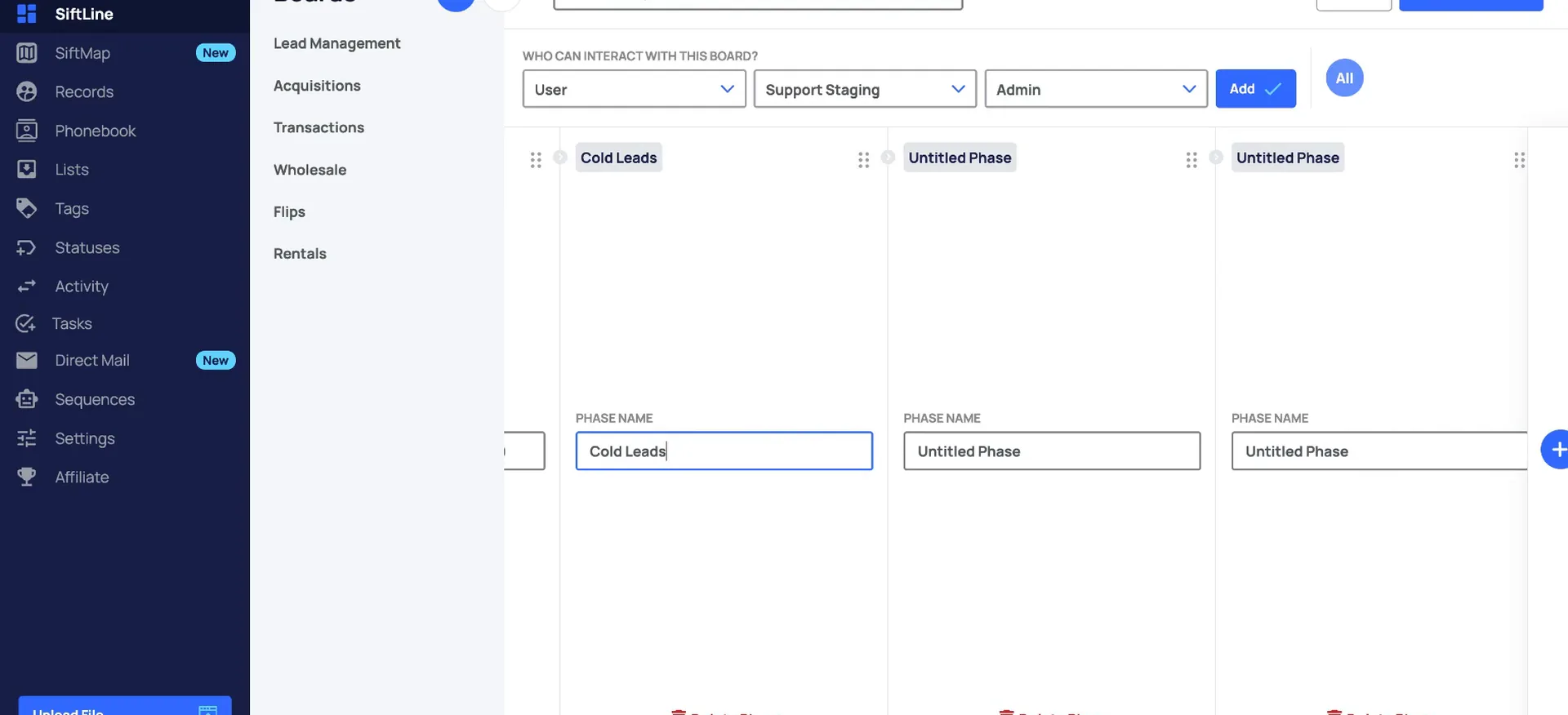 Board editor with phase name fields including Cold Leads and two untitled phases