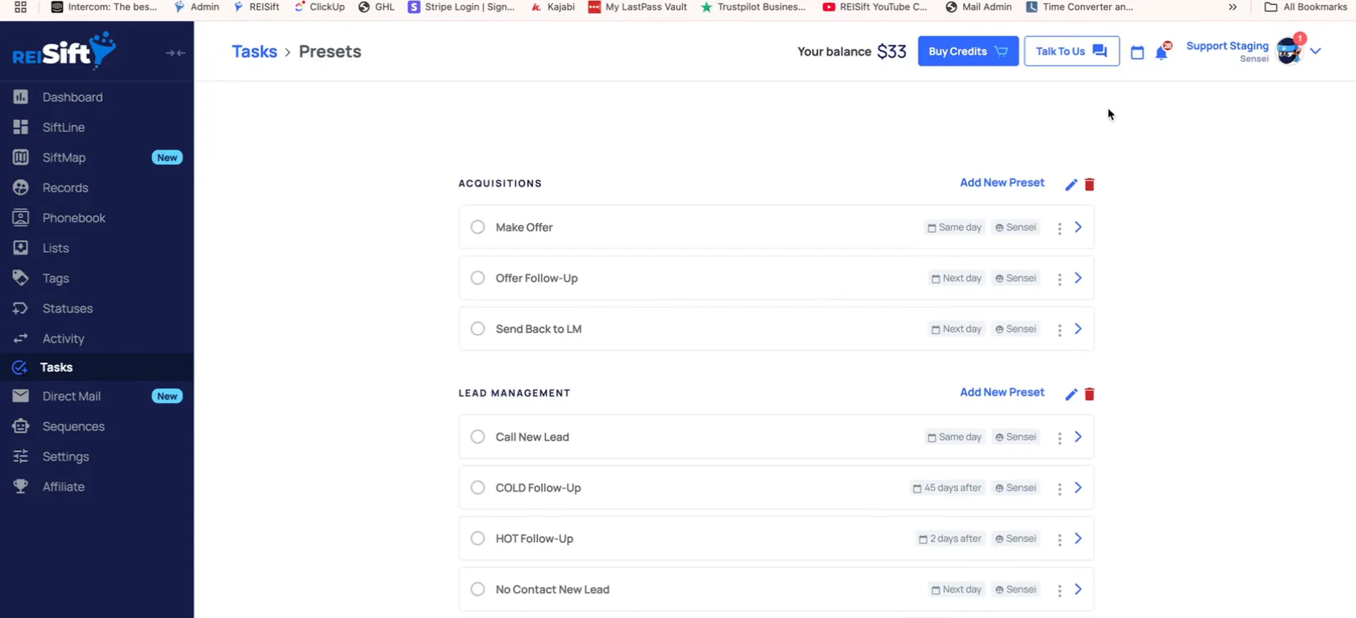 The Tasks Presets page with Acquisitions and Lead Management groups and their presets listed