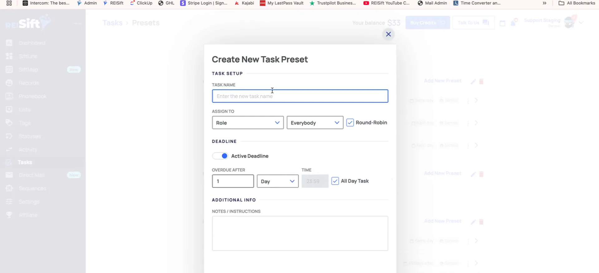 The Create New Task Preset modal with task name, assign to, and deadline fields