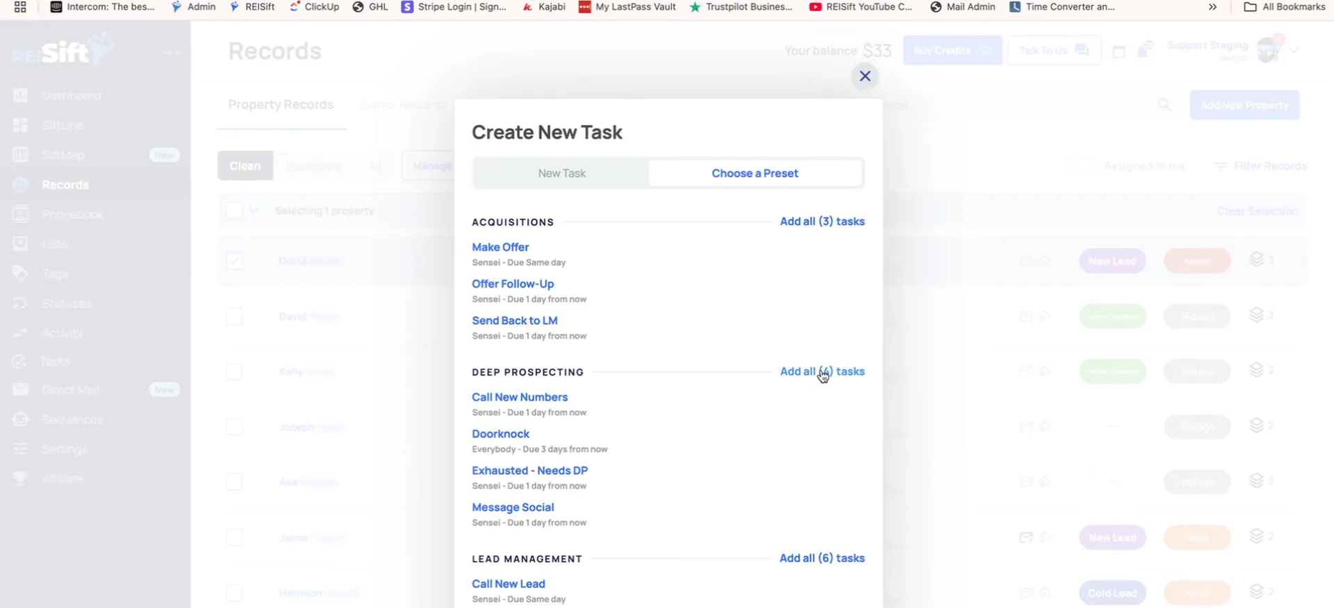 Create New Task modal showing preset groups with a Doorknock task and Add all tasks links