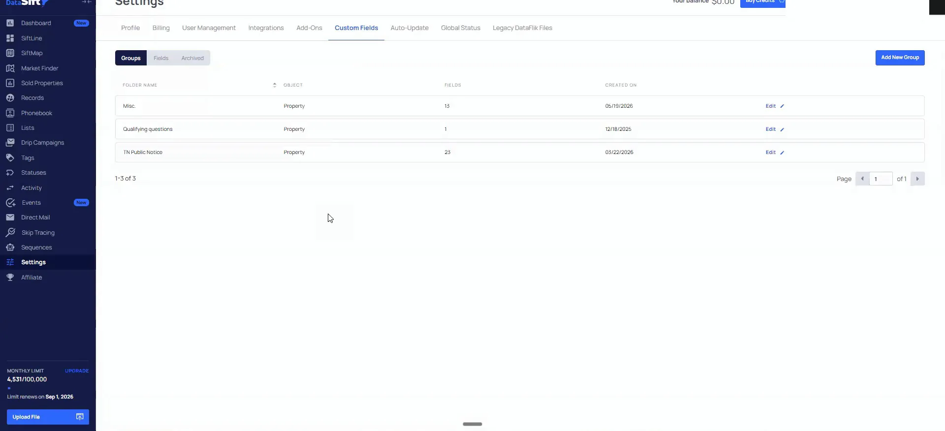 Settings custom fields screen listing three property groups with their field counts