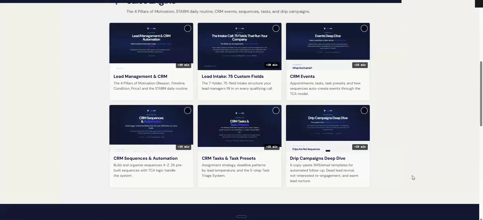 Lesson library screen with six CRM training cards showing durations and descriptions