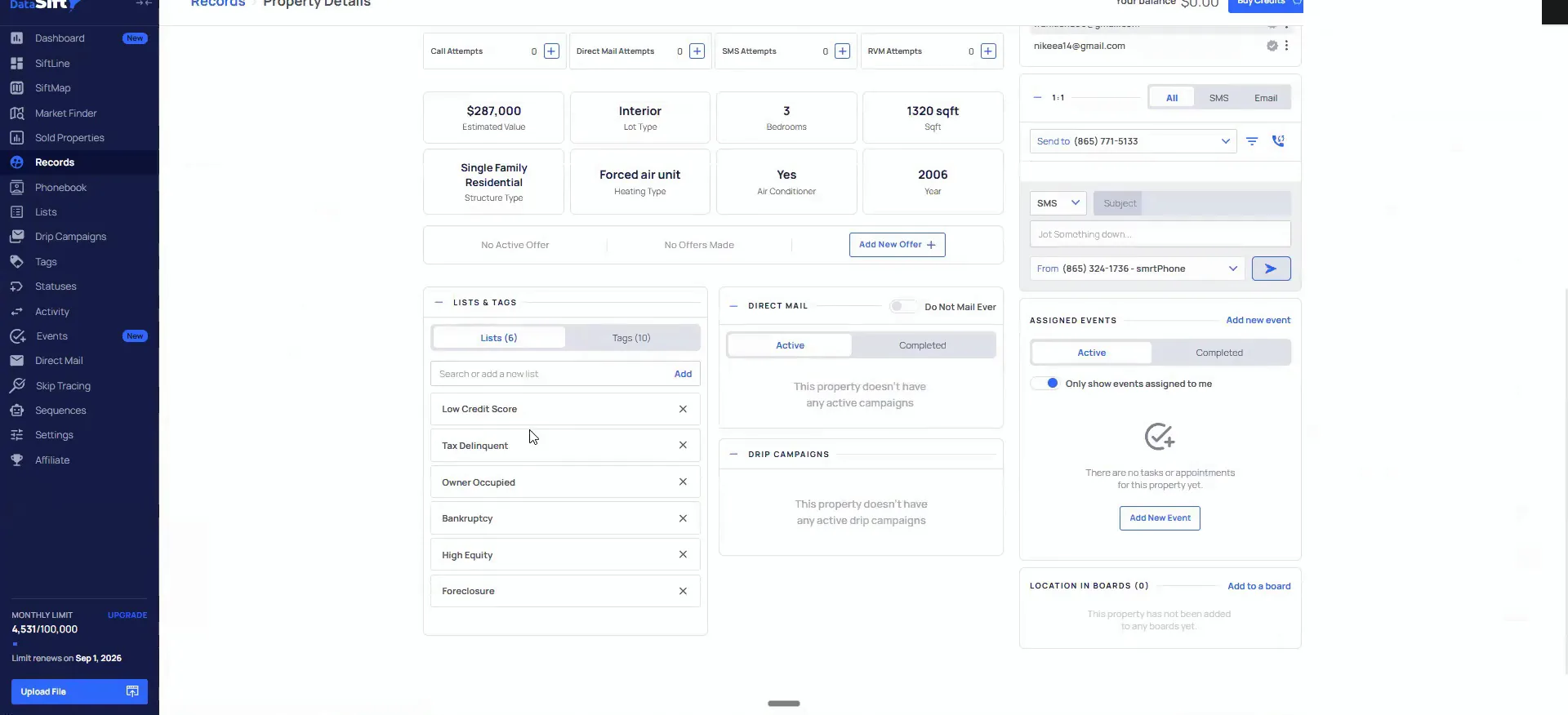Record screen showing property figures, lists and tags, messaging, campaigns and events