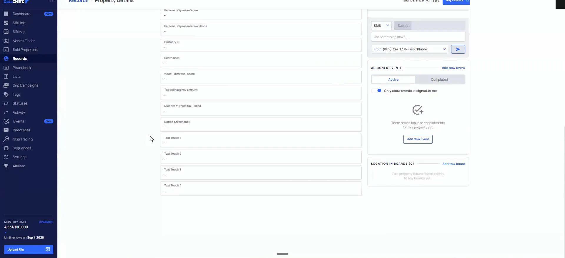 Property details screen with property fields, an SMS panel and assigned events
