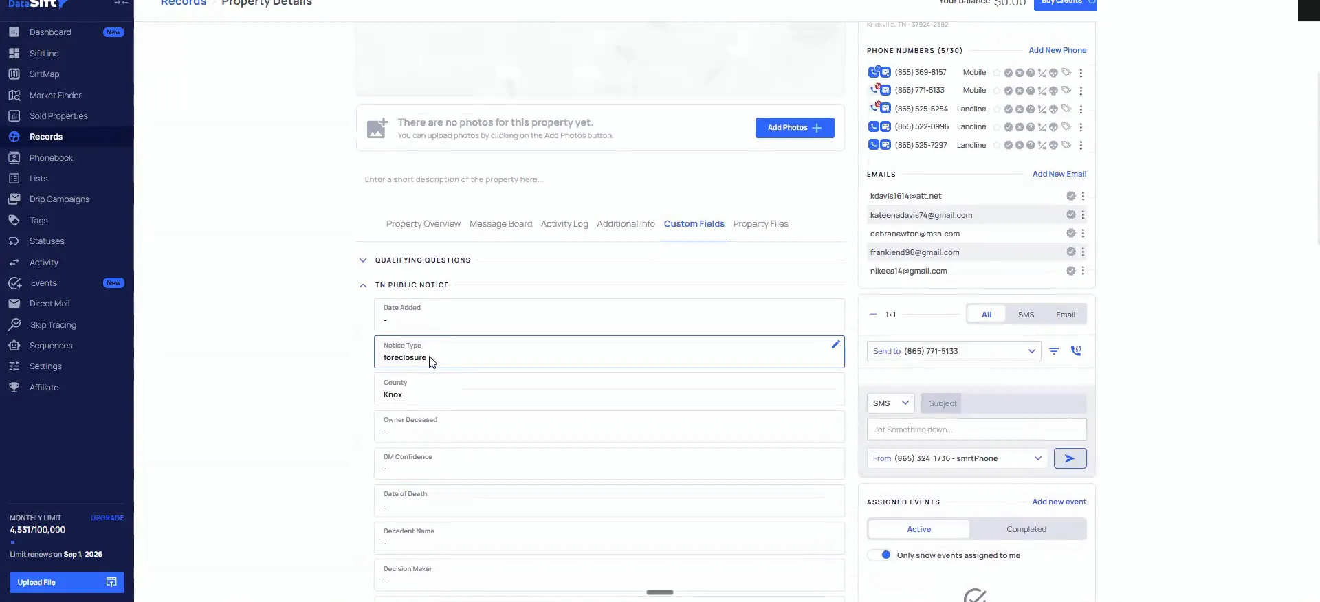 Record showing custom fields, foreclosure notice details, phone numbers, emails and messaging panel