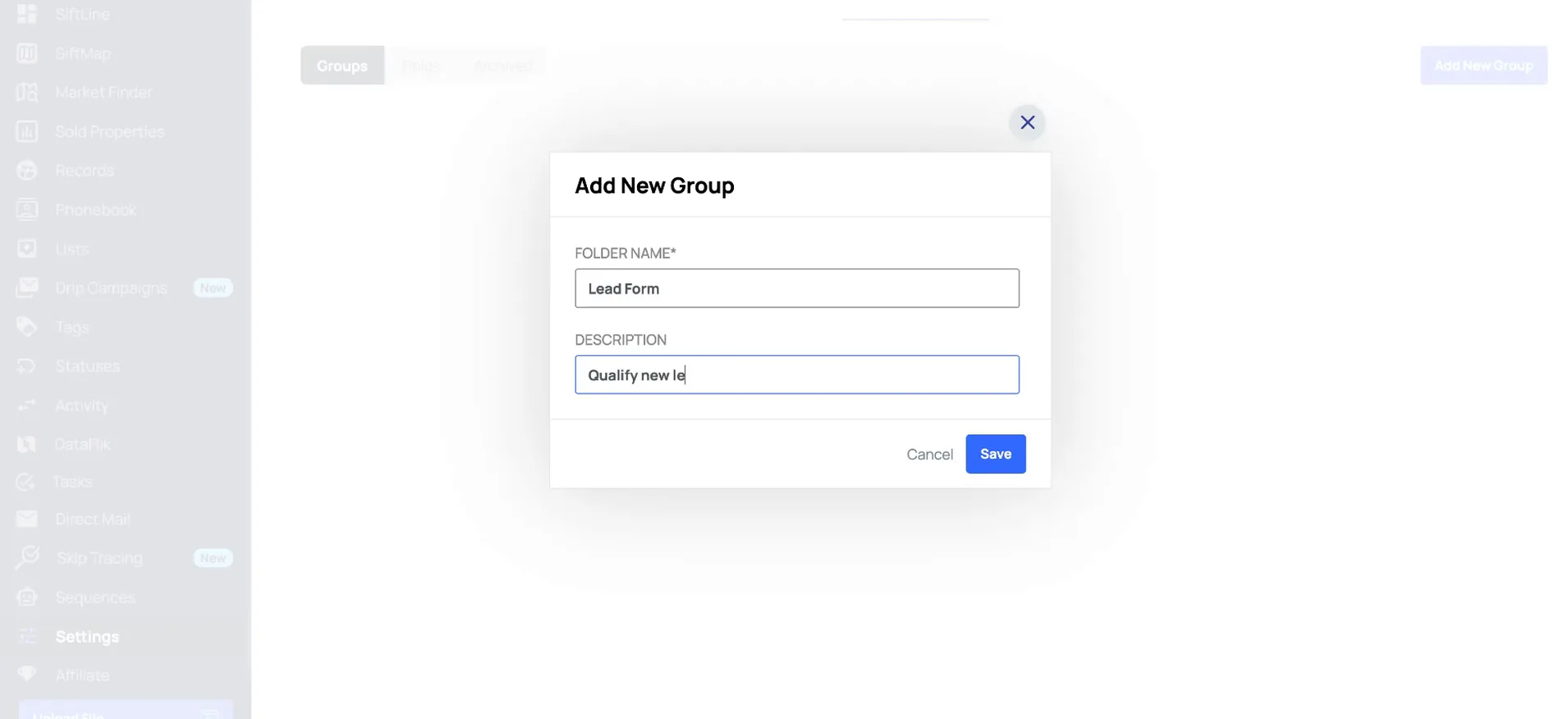 The settings screen with an add new group dialog for folder name, description, cancel and save