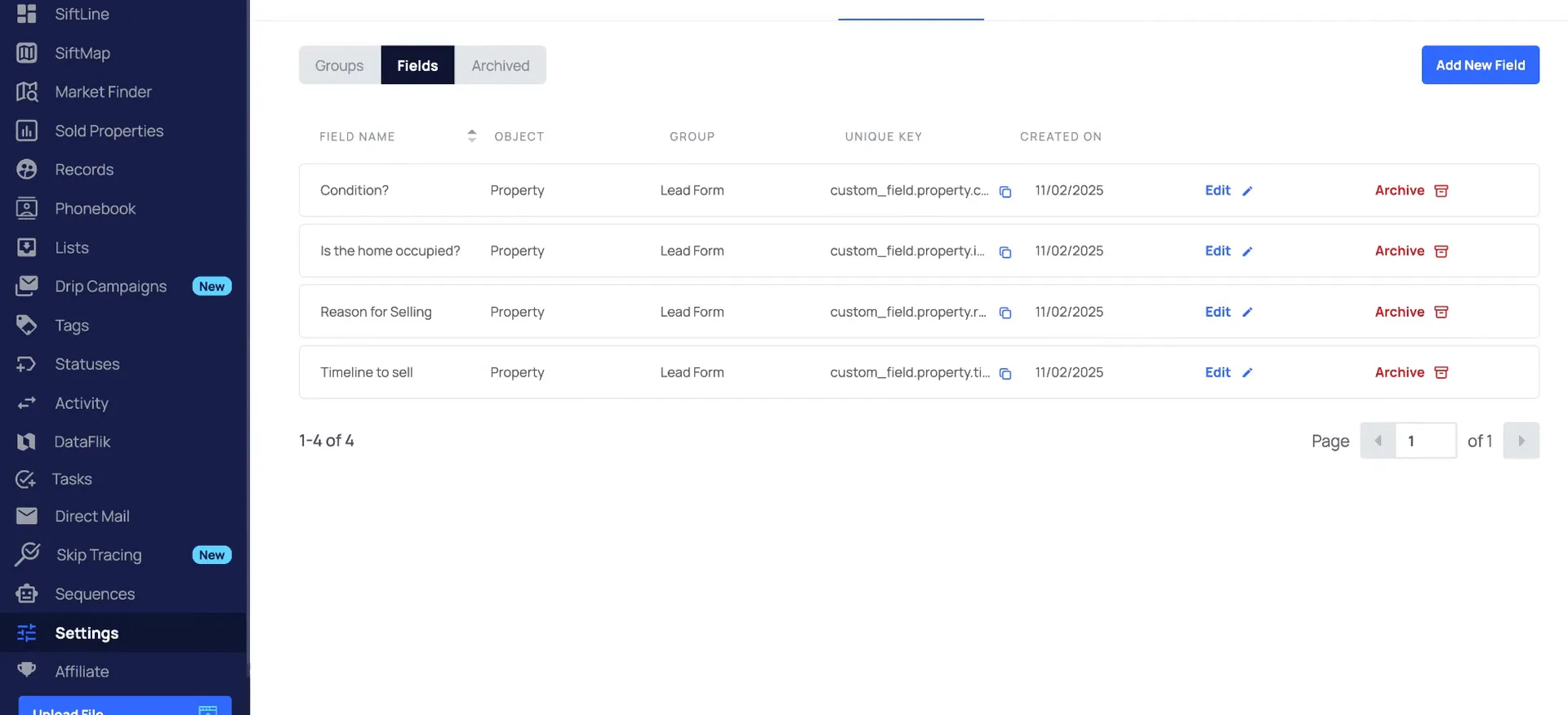 The settings fields screen showing a four row property fields table with pagination on page one