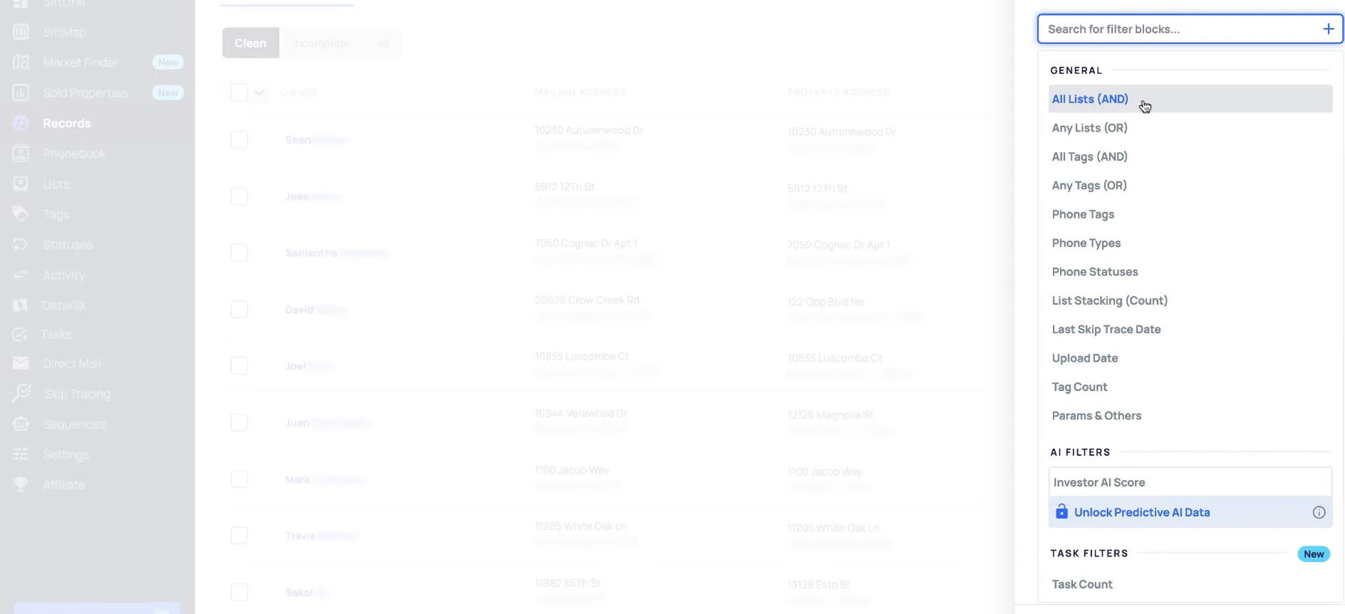 Records page with a filter block panel open showing List, Tag and AI filter options.