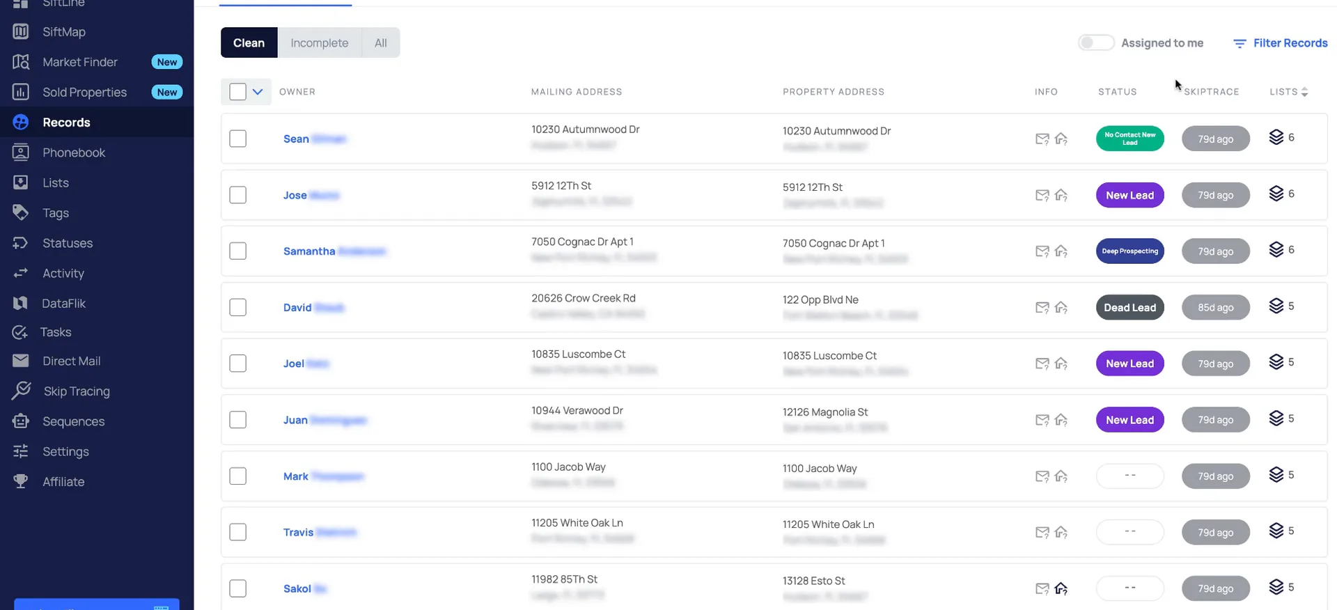 The Records page listing owners, addresses, statuses and lists with a Filter Records button.