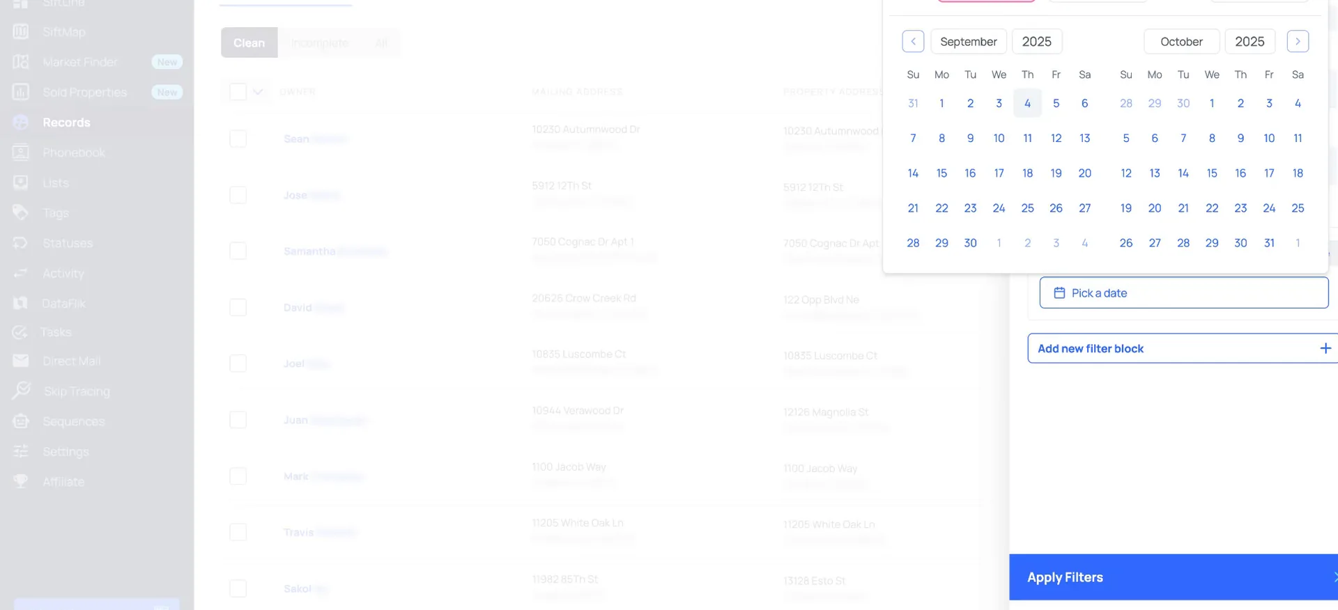 A date picker calendar overlay with a Pick a date field and Apply Filters button.