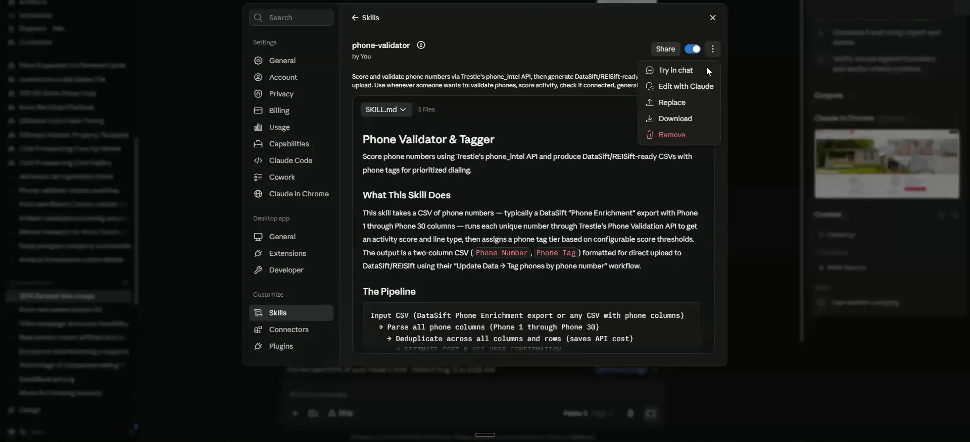 Skills settings screen with the Phone Validator and Tagger tool and an open options menu