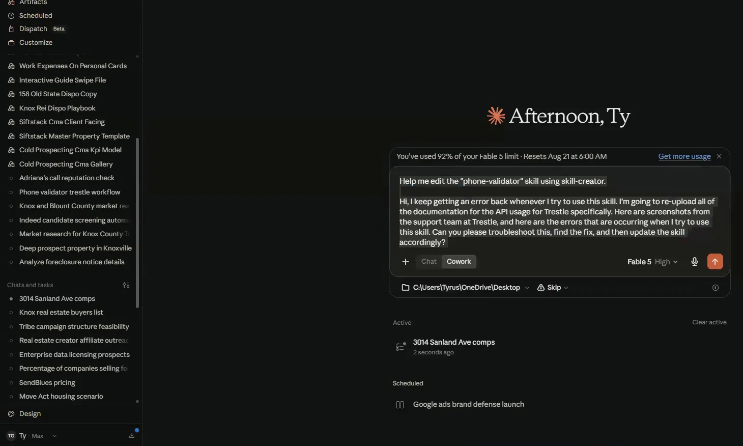 Dark workspace screen with a chat prompt plus active and scheduled task lists