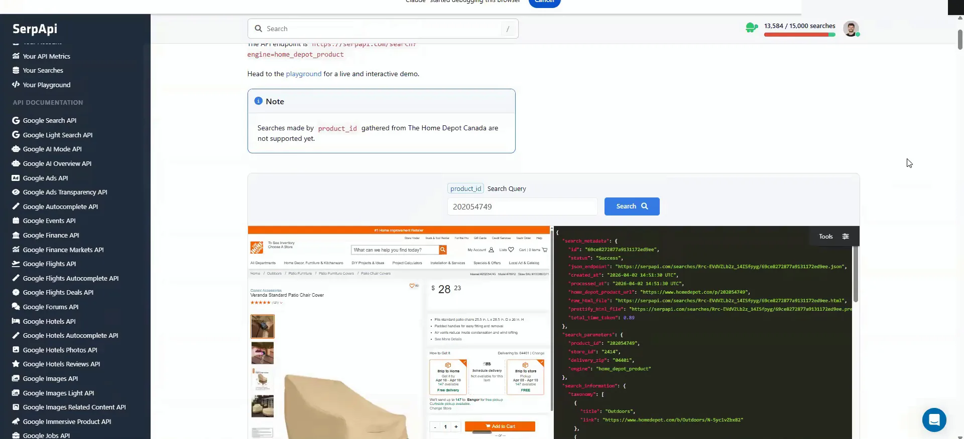 SerpApi product search screen with a Home Depot product page beside JSON results