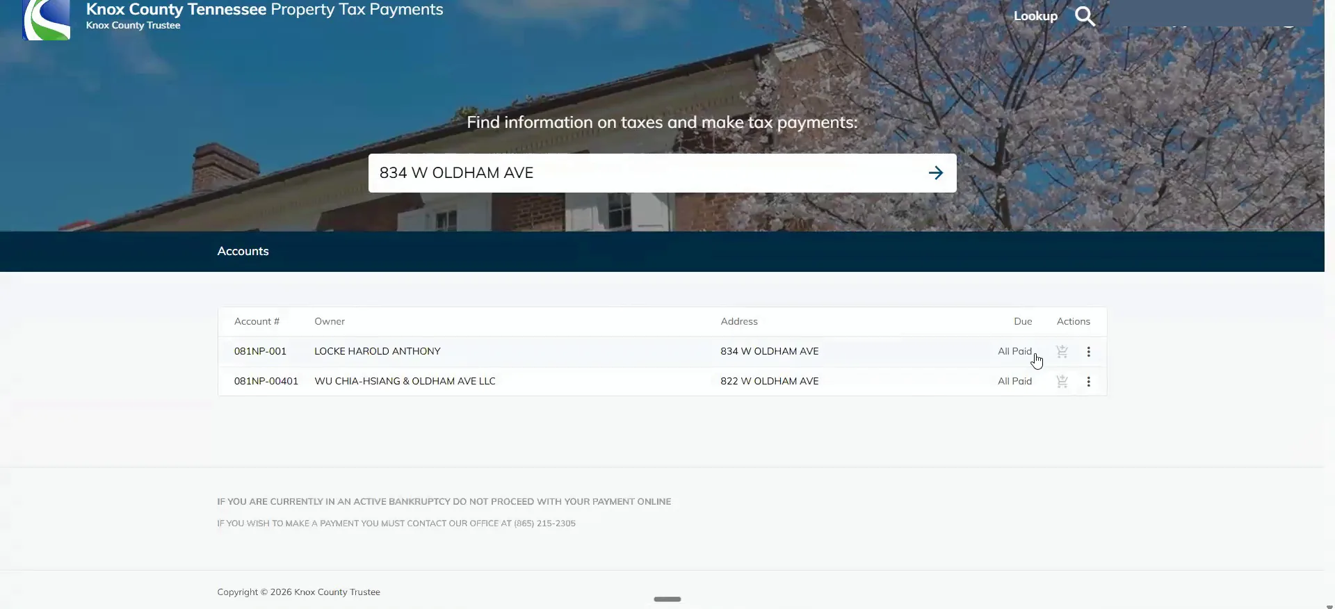 Knox County Tennessee property tax payments lookup with two accounts listed, both marked All Paid.