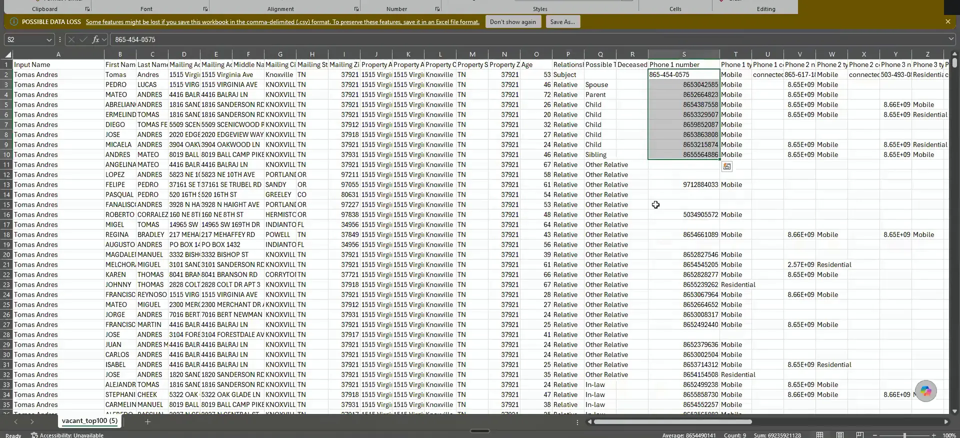 Spreadsheet of contacts with names, addresses, relationships, ages and phone numbers