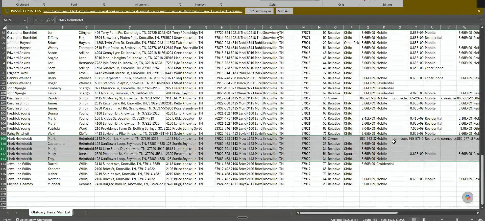 The obituary heirs mail list spreadsheet showing names, addresses and phone number columns.