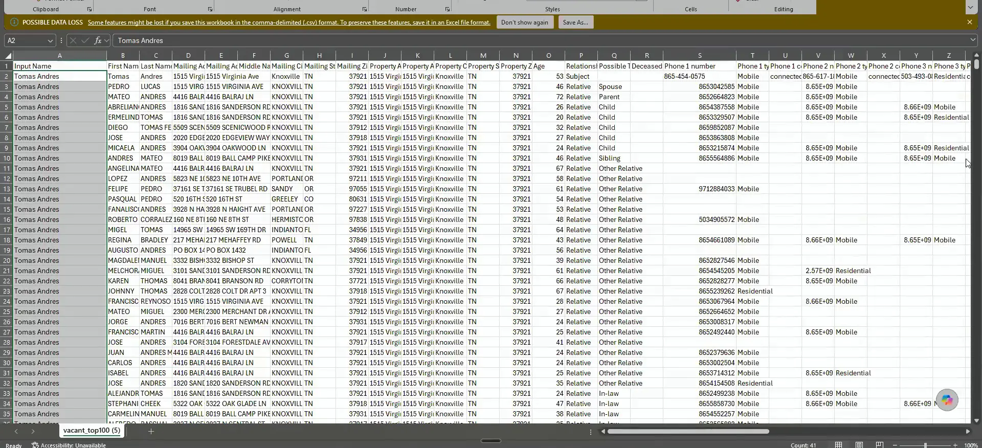 Spreadsheet of relatives with names, addresses, ages, relationships and phone numbers