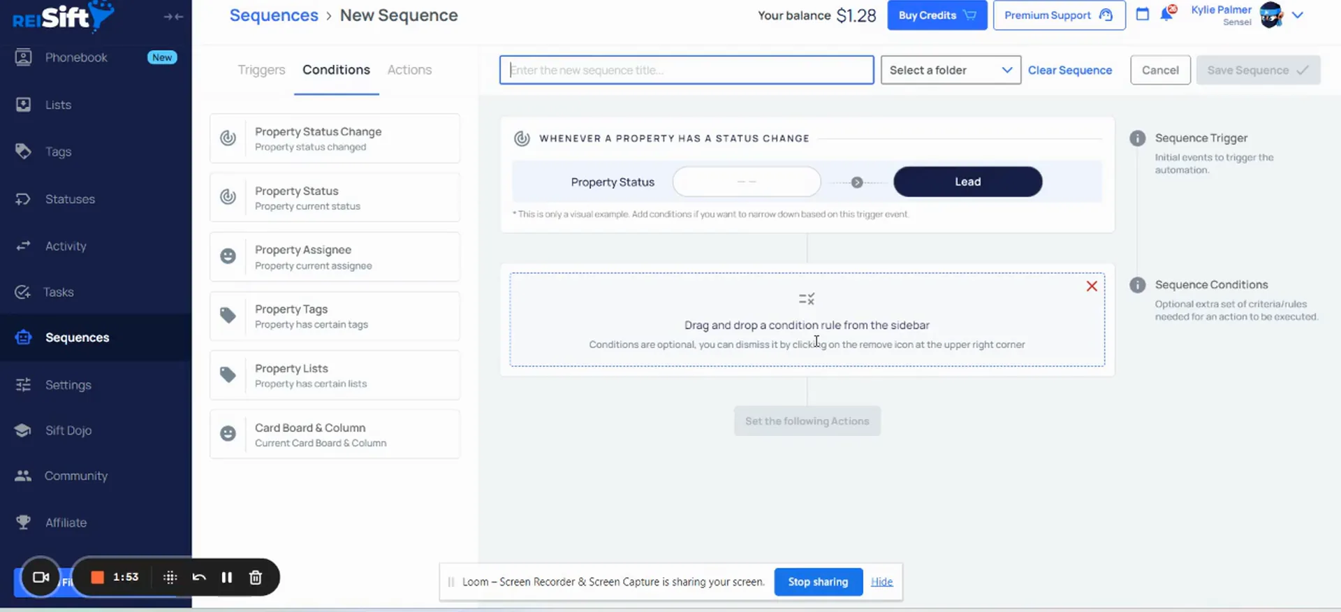 The new sequence screen with the property status trigger and condition options