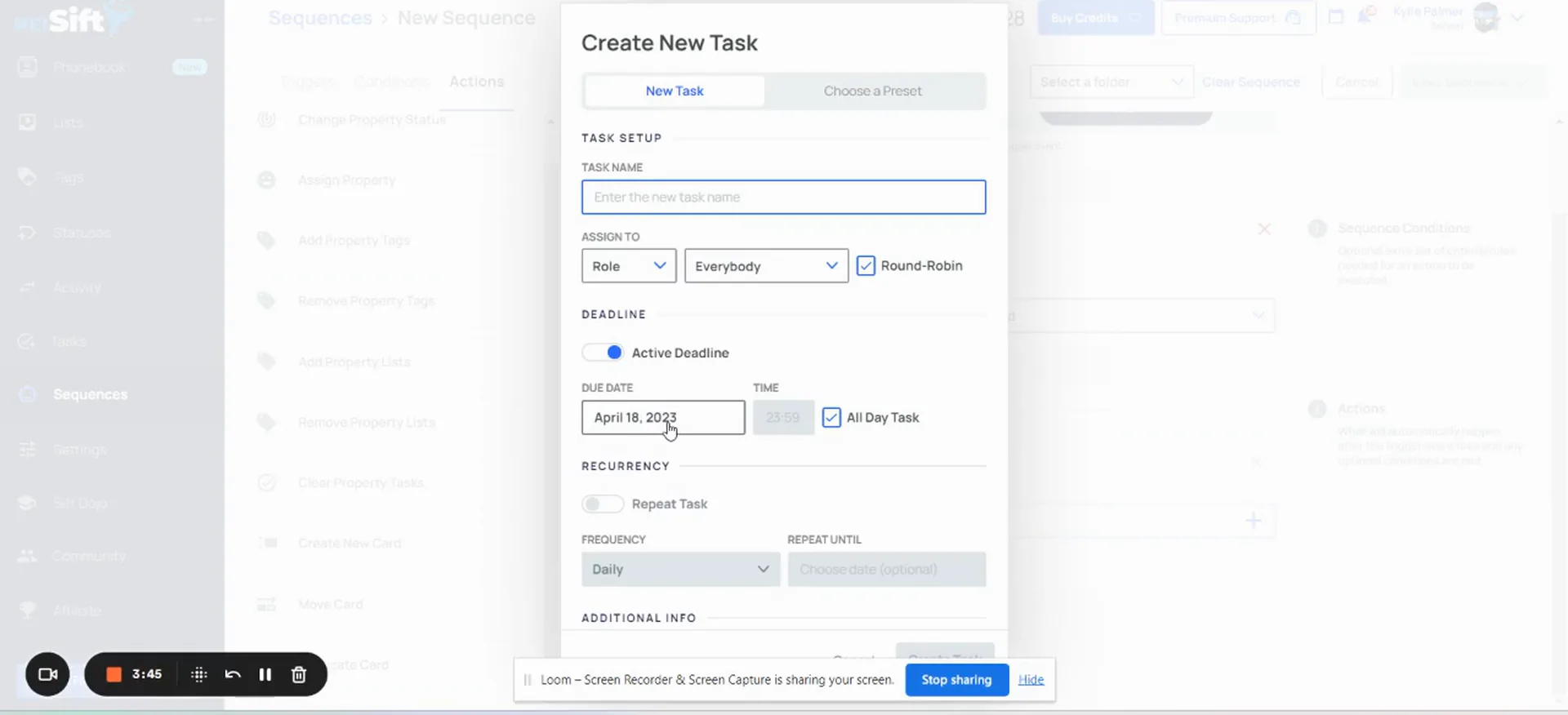 A create new task dialog with assignment, deadline, and recurrence fields