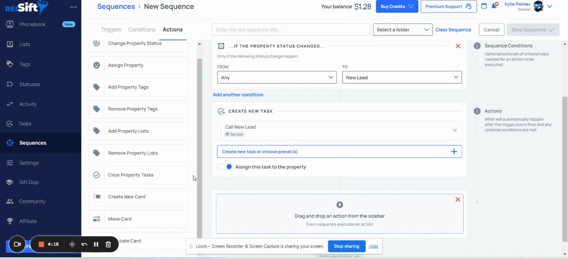 The action editor with the status condition, a new task, and draggable actions