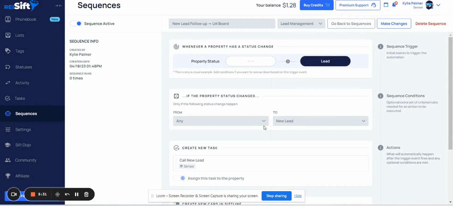 The saved property status sequence listed with its new lead task