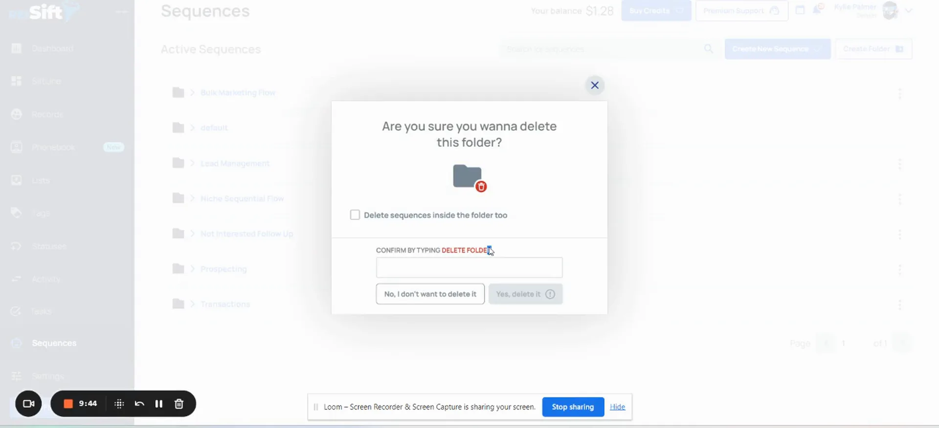 A folder deletion dialog with a checkbox, a confirmation field, and buttons