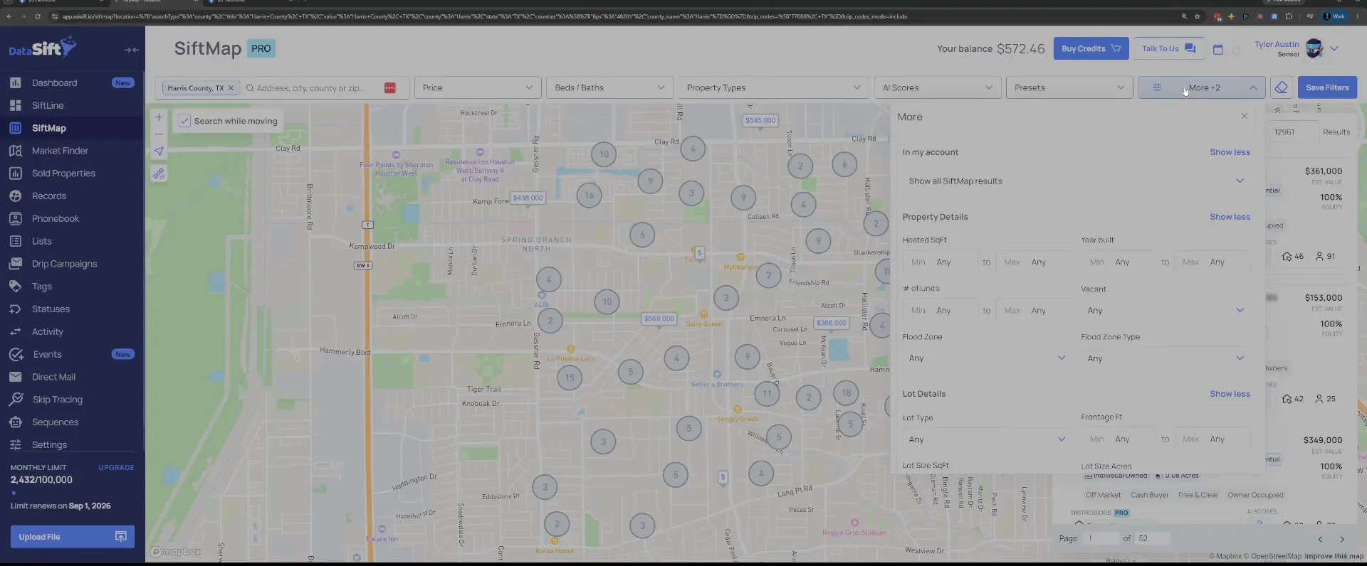 More filters panel open with Property Details and Lot Details expanded, county set in search bar