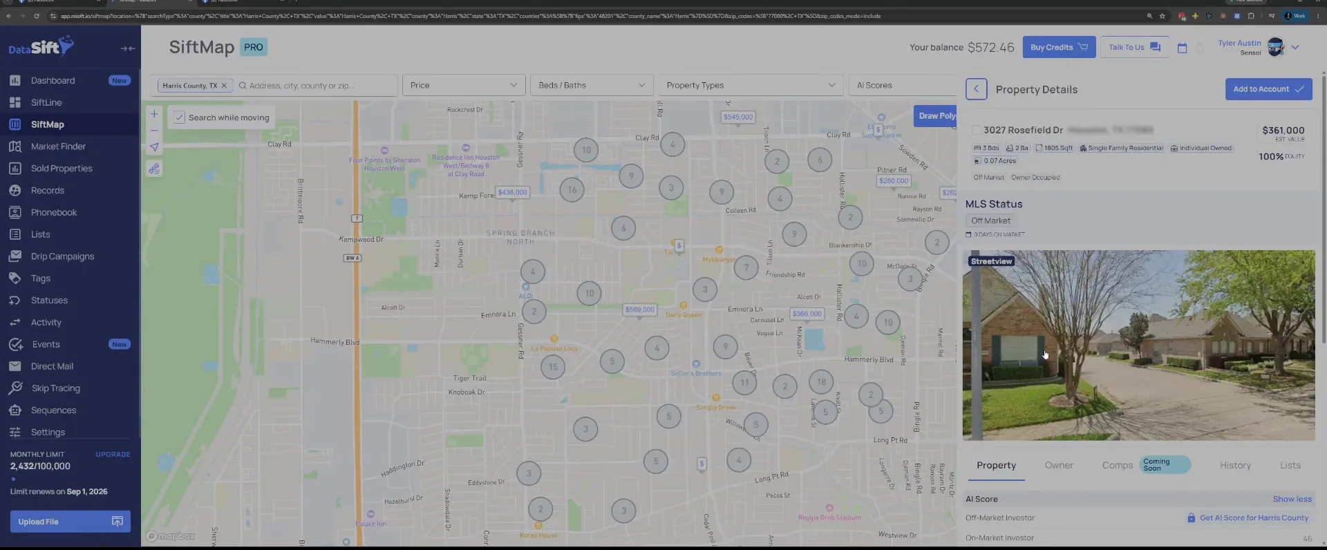 Property record panel showing address, MLS status and a streetview photo of the house