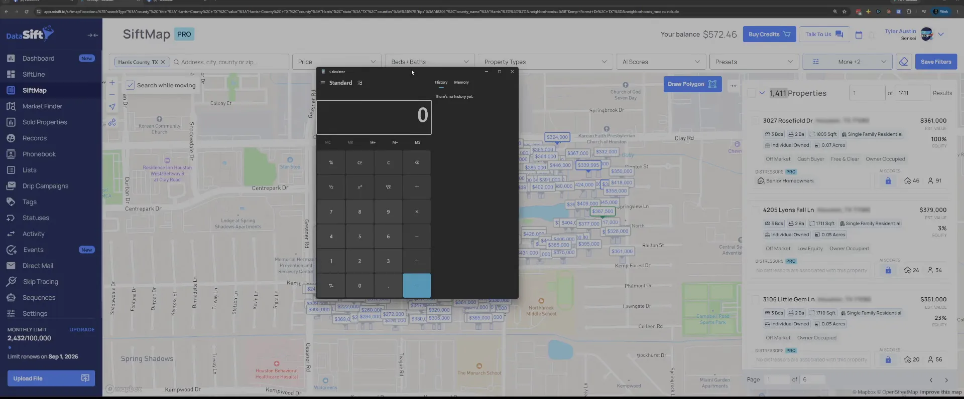 Calculator app open over the neighborhood property list and map in SiftMap