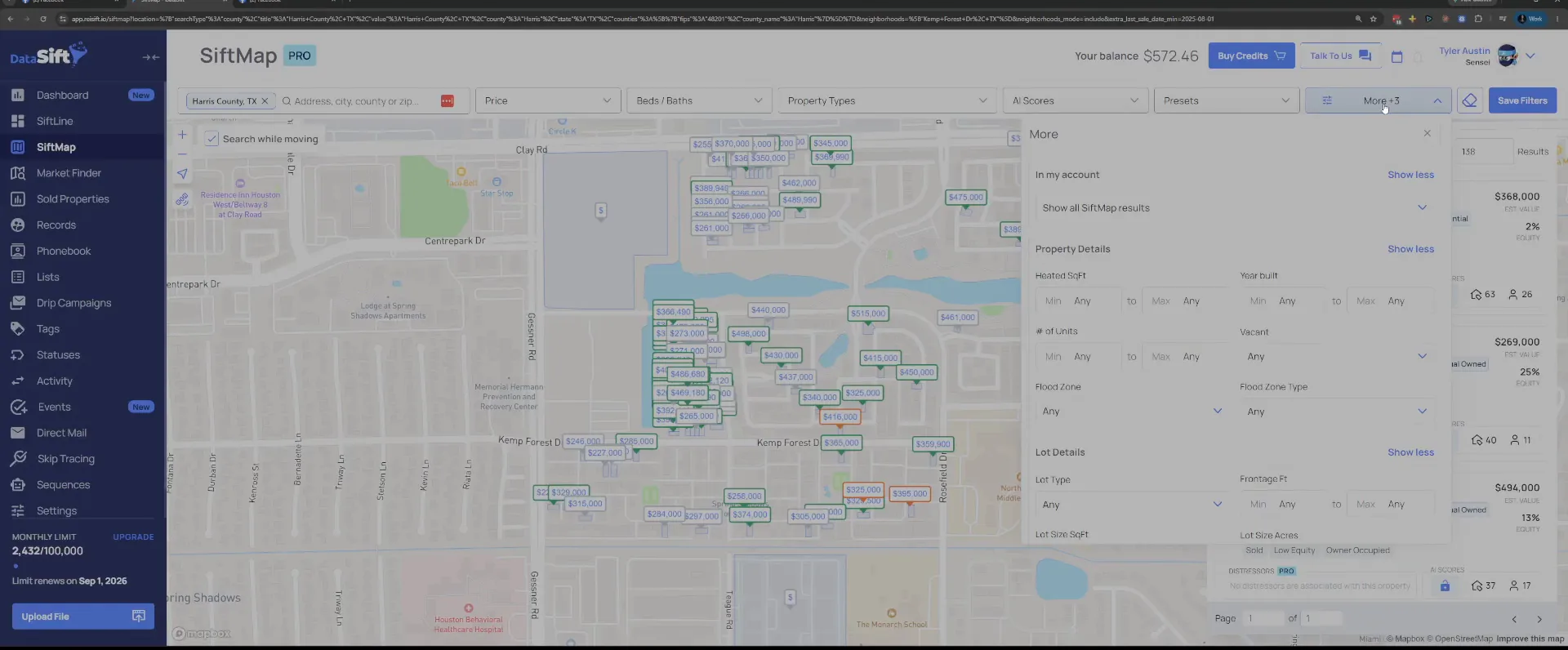 Map view with the More filters panel open on Property Details and Lot Details